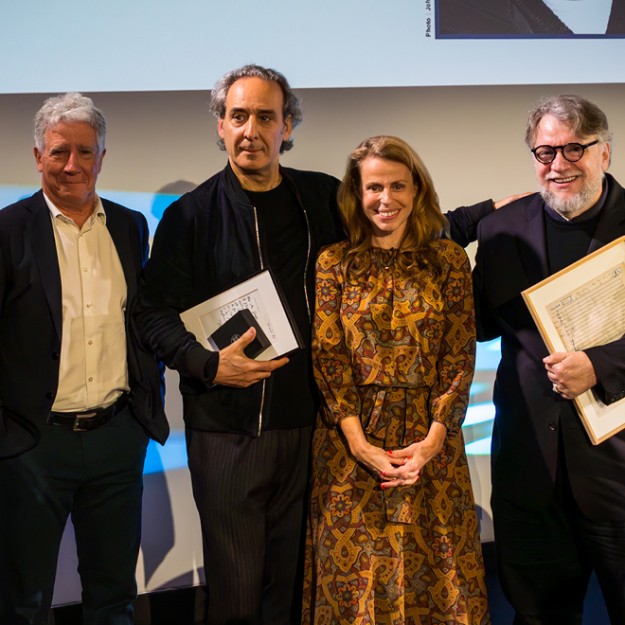 Cannes Festival - Sacem Music Lesson – Hosted by journalist Stéphane Lerouge (on the left) with Patrick Sigwalt, composer and  President of Sacem Board of Directors, Alexandre Desplat, composer, Cécile Rap-Veber, Sacem CEO and Guillermo del Toro, film director.